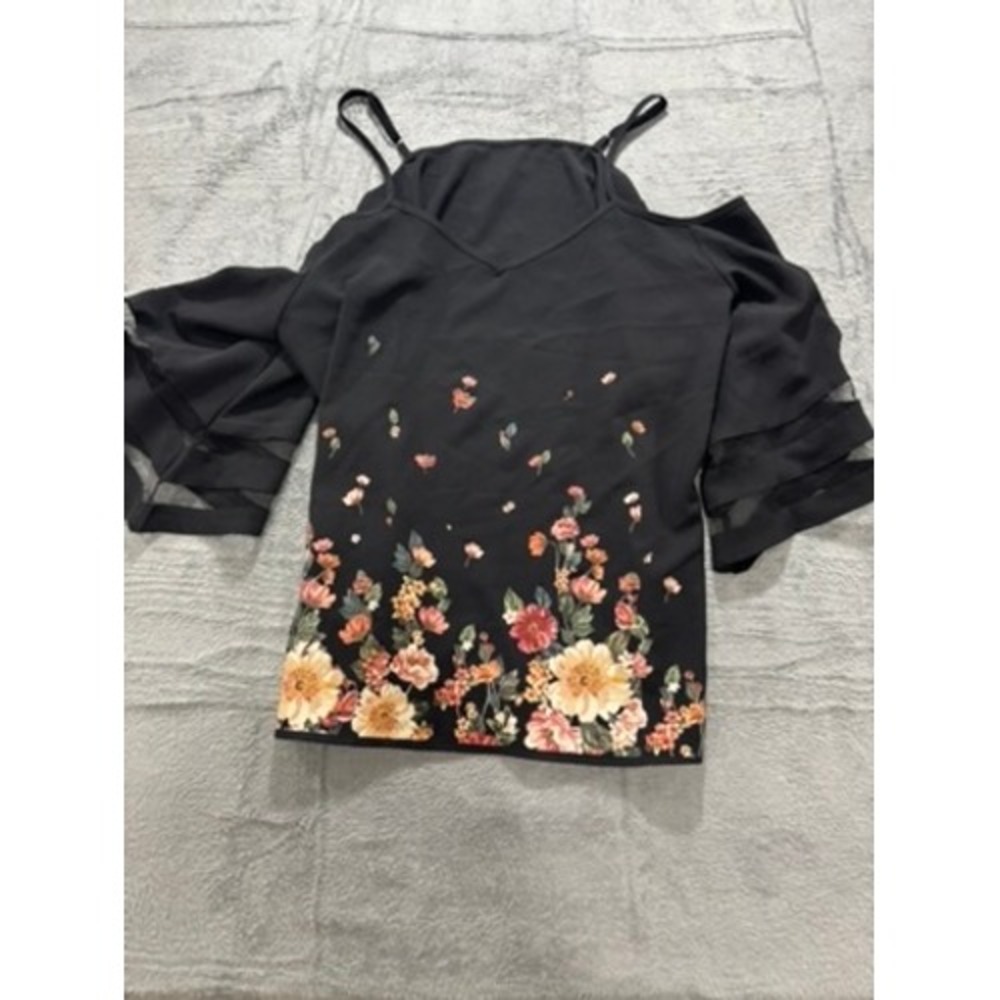 Floral‎ Cold Shoulder Blouse Black Sheer Sleeve Dressy Top Flowing Sz 2XL